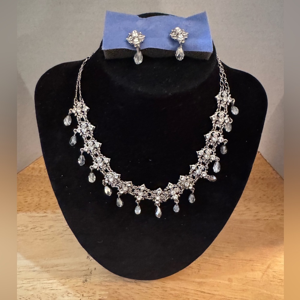 Vintage Avon Silver-Tone Rhinestone Necklace & Earrings Set